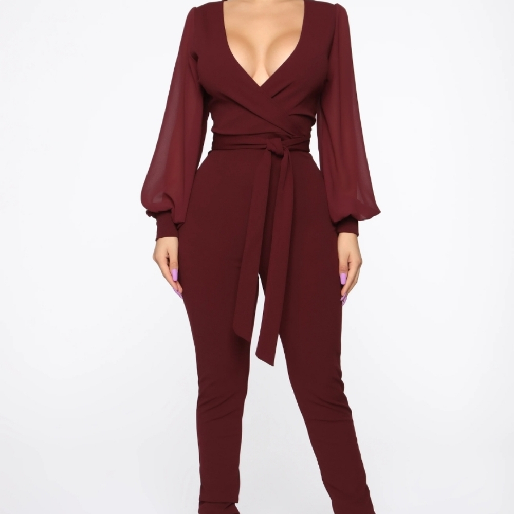 BNWT All About Me Balloon Sleeve Jumpsuit Burgundy Sz. XL